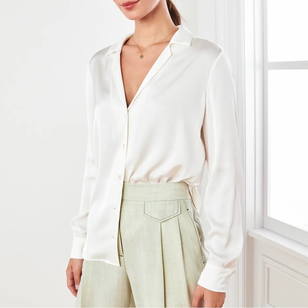 Quince Washable Stretch Silk Notch Collar Blouse Ivory